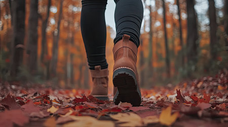 A woman wearing stylish ankle boots steps lightly through a vibrant autumn forest, surrounded by colorful fallen leaves and serene nature. Perfect for lifestyle and outdoor themes.の素材