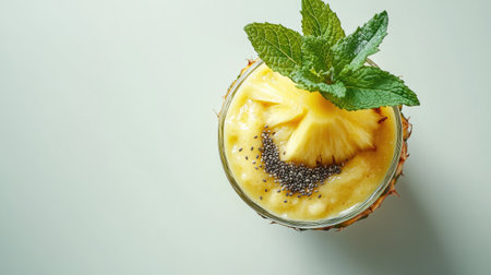 Enjoy a bright and vibrant pineapple smoothie topped with mint and chia seeds. This refreshing and healthy drink is perfect for any occasion.の素材