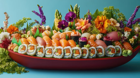 A vibrant and artistic arrangement of sushi in a decorative boat, showcasing a variety of fresh seafood and colorful ingredients for a feast. Perfect for events and parties.の素材