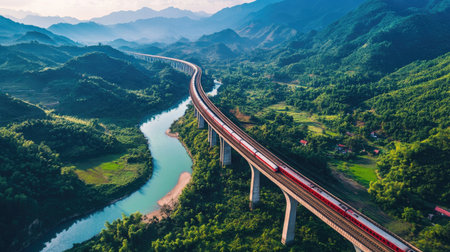 Captivating aerial view of a high-speed train traveling over a bridge, surrounded by lush mountains and a winding river. A stunning display of nature and technology in harmony.の素材