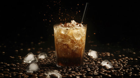Experience a refreshing iced coffee served in a stylish glass, surrounded by coffee beans and ice. Perfect for coffee enthusiasts seeking indulgence.の素材