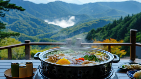 Experience the delight of a bubbling hot pot meal outdoors, surrounded by majestic mountain views. Enjoy fresh ingredients and a cozy atmosphere.の素材