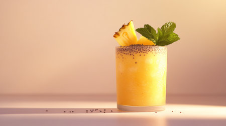 A vibrant pineapple smoothie garnished with fresh mint, perfect for summer refreshment. This drink captures the essence of tropical flavors and healthy enjoyment.の素材