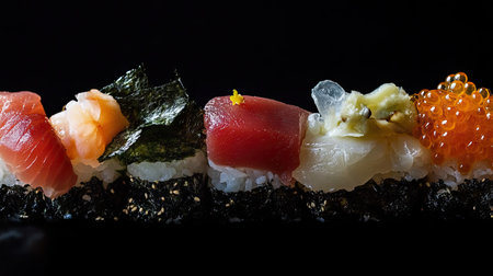 A vibrant close-up of a colorful sushi set presented against a dark background, showcasing fresh ingredients and artistic plating. Perfect for food lovers.の素材