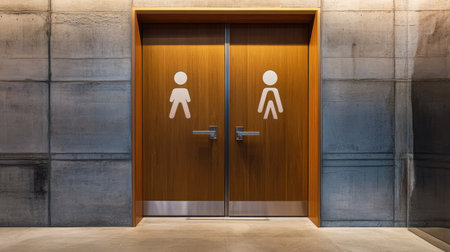 Explore a modern minimalist restroom door design featuring sleek wood finishes and clear signage. Ideal for contemporary spaces seeking functional elegance.の素材