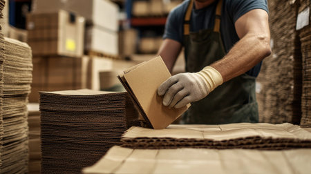 A close-up image showing a man wearing gloves, carefully picking and sorting cardboard boxes in a warehouse setting, emphasizing dedication and efficiency in his work.の素材