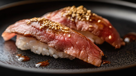 This close-up shot showcases exquisite wagyu sushi, featuring tender beef atop seasoned rice, garnished with sesame seeds. Ideal for culinary enthusiasts.の素材