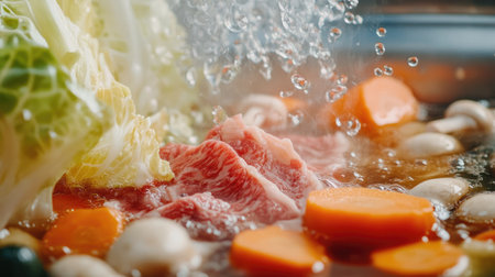 This vibrant close-up image showcases a simmering Japanese hotpot, featuring fresh vegetables and tender meat, highlighting the warmth and communal joy of cooking.の素材