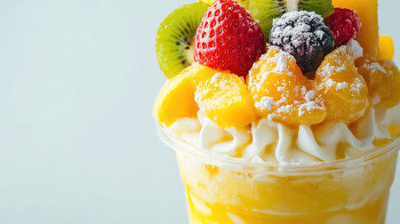 Indulge in this vibrant fruit smoothie topped with fresh tropical fruits and whipped cream. A perfect refreshing treat for warm days, this dessert is bursting with flavors and colors that delight the senses.の素材