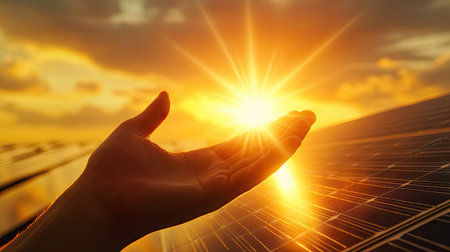 A technician's hand reaches out towards a bright sun, symbolizing the connection between renewable energy and nature, with solar panels in the background.の素材