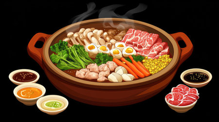 A vibrant hotpot filled with fresh vegetables, meat, and steaming soup, perfect for a warm meal with family and friends. Enjoy this cozy dining experience!の素材