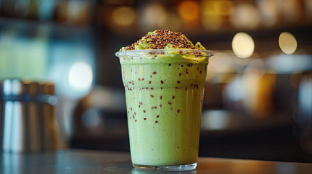 A refreshing avocado smoothie in a clear cup, topped with seeds. Ideal for health-conscious individuals seeking a delicious, energizing drink.の素材