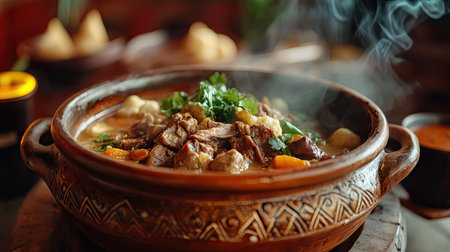 A vibrant clay hotpot filled with steaming soup, showcasing tender meat, fresh vegetables, and aromatic herbs. Perfect for a cozy dining experience.の素材