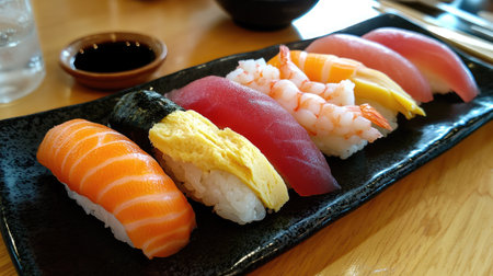 A vibrant array of sushi featuring fresh salmon, shrimp, and tuna. This colorful dish showcases the art of sushi making, perfect for gourmet dining experiences.の素材