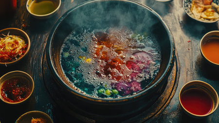 A close-up of a bubbling pot filled with vibrant, colorful broth and fresh ingredients, creating a warm and inviting culinary experience in a traditional dining setting.の素材