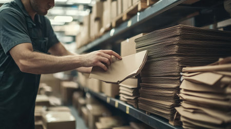 A worker is carefully stacking cardboard boxes in a warehouse. This close-up shot captures the details of manual labor involved in inventory management and organization.の素材