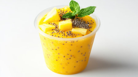 A vibrant yellow cup filled with mango and chia seeds, garnished with mint. This refreshing drink is a perfect healthy snack for summer days.の素材