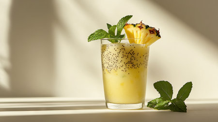 A vibrant pineapple smoothie served in a clear glass, garnished with fresh mint and pineapple, perfect for a refreshing drink on a sunny day.の素材