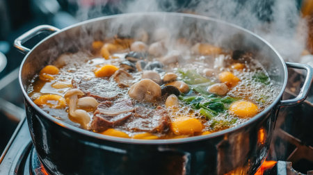 A steaming hotpot filled with fresh ingredients like meat, mushrooms, and vegetables. Perfect for sharing in a cozy dining atmosphere, this dish highlights Japanese cuisine.の素材