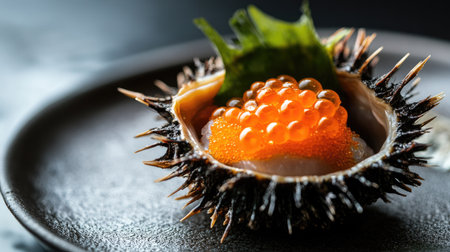 A stunning close-up of fresh sea urchin served in its shell, showcasing vibrant orange roe. Perfect for gourmet culinary presentations and seafood lovers.の素材