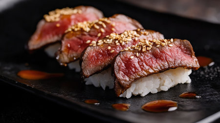 This close-up shot features beautiful wagyu sushi, showcasing tender slices atop a bed of rice, garnished with sesame seeds for a gourmet touch.の素材