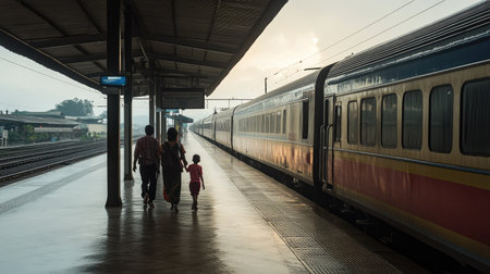 A family walks hand in hand along a train platform, preparing to board a train. The scene captures the essence of travel, adventure, and connection in a serene evening light.の素材