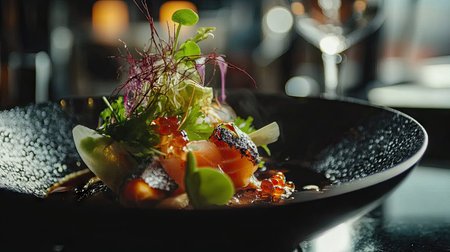 A visually stunning close-up of a fresh uni sashimi dish, beautifully garnished with vibrant ingredients, capturing the essence of fine dining and gourmet cuisine.の素材