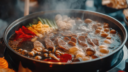 Enjoy a steaming Japanese hotpot filled with fresh ingredients and flavors. This bowl showcases vibrant vegetables, seafood, and tender meat, perfect for sharing.の素材