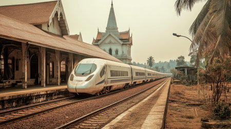A high-speed train accelerates through a scenic station, blending modern technology with architectural beauty, capturing the essence of dynamic travel.の素材