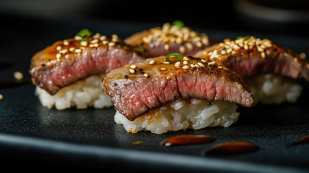 A stunning close-up shot featuring luxurious wagyu sushi, showcasing tender beef atop classic rice. This gourmet dish highlights an artistic presentation ideal for food enthusiasts.の素材