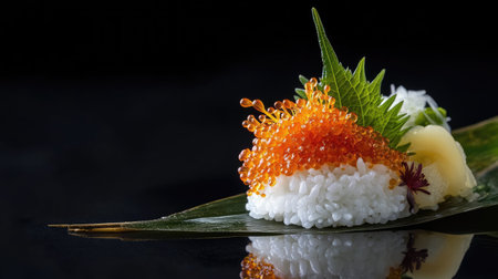 This stunning image captures a delicate arrangement of fresh uni atop flavorful rice, artfully presented on a leaf. Perfect for culinary showcases.の素材