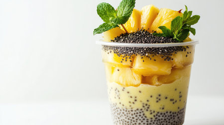 Enjoy a deliciously fresh tropical smoothie layered with pineapple and chia seeds, garnished with mint. Perfect for a healthy snack or refreshing beverage.の素材