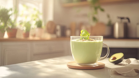 A creamy avocado smoothie served in a stylish glass cup, showcasing vibrant green color. Perfect for healthy living and refreshing breakfast moments.の素材