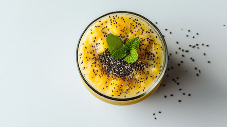 Enjoy a vibrant pineapple smoothie topped with mint and chia seeds, perfect for a refreshing drink. Ideal for breakfast, snacks, or healthy desserts!の素材