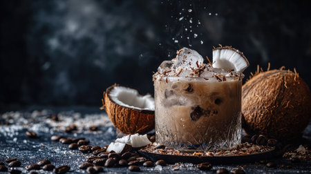 Enjoy a chilled coconut iced coffee served in an elegant glass, surrounded by coconut halves and coffee beans, perfect for a refreshing treat.の素材