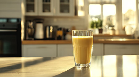 A refreshing avocado smoothie served in a glass, set against a sunlit kitchen backdrop. Perfect for healthy breakfasts or snacks, showcasing vibrant colors and a creamy texture.の素材