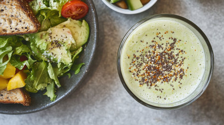 A refreshing avocado smoothie served in a clear cup, topped with seeds for added texture. Perfect for a healthy snack or breakfast option, this nutritious drink offers a delightful blend of flavors.の素材