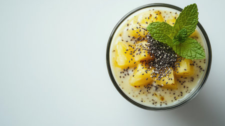 A delicious pineapple smoothie topped with chia seeds and mint, perfect for a refreshing drink. Great for summer days or as a nutritious snack.の素材