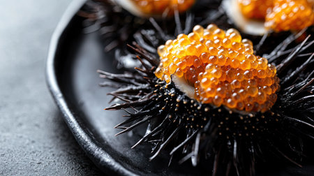 An exquisite dish featuring fresh sea urchin topped with translucent orange eggs, showcasing the unique texture and vibrant colors of this gourmet seafood delicacy.の素材