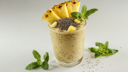 A vibrant and refreshing tropical smoothie blended with pineapple, chia seeds, and mint. Perfect for a healthy snack or dessert to cool off on warm days.の素材