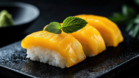 A beautiful presentation of fresh mango uni sushi on a black plate, highlighting its elegant design and vibrant colors, perfect for gourmet dining experiences.の素材