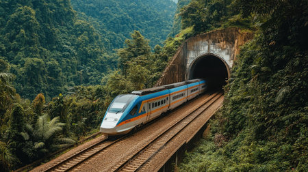 A high-speed train emerges from a tunnel, cutting through a vibrant green landscape surrounded by mountains and lush forests, representing modern travel and adventure.の素材