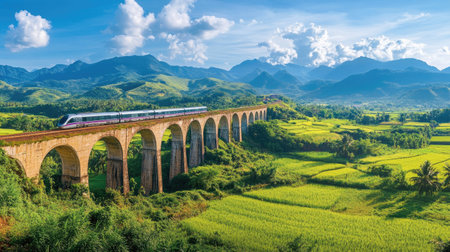 A high-speed train gracefully crosses an impressive viaduct amidst lush greenery and towering mountains, showcasing the beauty of modern transportation in nature.の素材