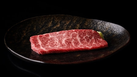 A stunning presentation of luxurious wagyu beef on a dark plate, highlighting the rich marbling and quality that define this gourmet delicacy. Perfect for culinary art.の素材