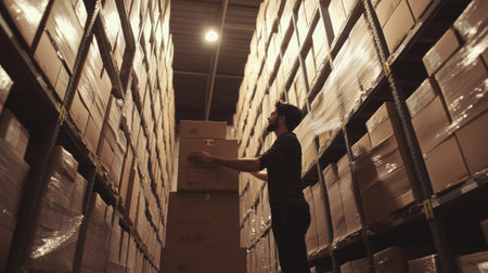 A man is adjusting the height of stacked boxes in a warehouse, surrounded by shelves filled with inventory. The image captures the essence of storage and logistics operations.の素材