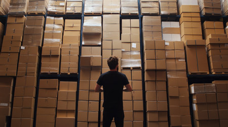 A man stands in a warehouse, adjusting the height of stacked boxes. This image captures the essence of logistics, organization, and efficiency in a storage environment.の素材