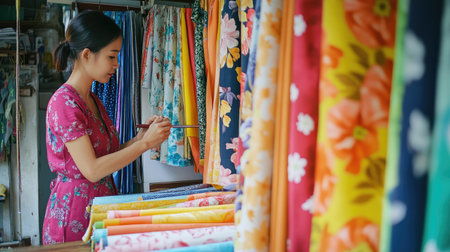 A tailor shop featuring rows of colorful fabrics, showcasing the artistry of a woman sewing. The vibrant textiles invite creativity and fashion inspiration.の素材