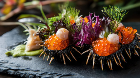 A stunning platter of luxurious sea urchin, garnished with vibrant herbs and colorful fish roe. Perfect for gourmet seafood lovers and fine dining experiences.の素材