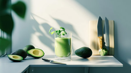 Experience a minimalist kitchen scene featuring a refreshing avocado smoothie, beautifully set against natural light and shadows for a calming aesthetic.の素材