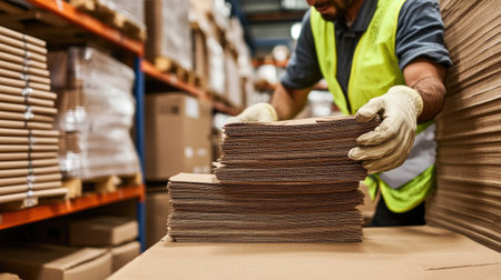 A focused warehouse worker organizes cardboard boxes in a busy storage facility. Emphasizing safety, efficiency, and teamwork in logistics operations.の素材